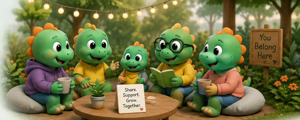 Dino families gathering together in a welcoming picnic meadow